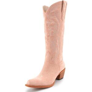 Women's Light Pink Mid Calf Cowgirl Boots Embroidered Suede Pull On Almond Toe